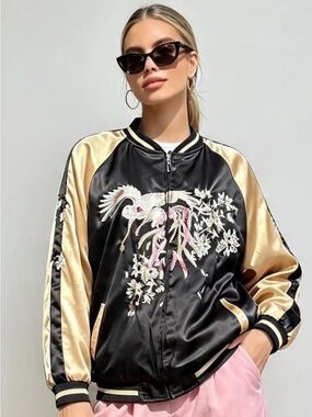 Reversible Black & Gold Satin Embroidered Bomber Jacket Women’s Large